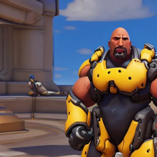 Image similar to screenshot from overwatch dwayne the rock johnson as a overwatch character