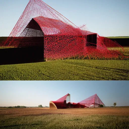 Prompt: a parametric deconstructivism architecture farmhouse made of ethereal red thread and webs. the farmhouse stands in an rural american landscape with fields of wheat. designed by zaha hadid, foggy at dawn