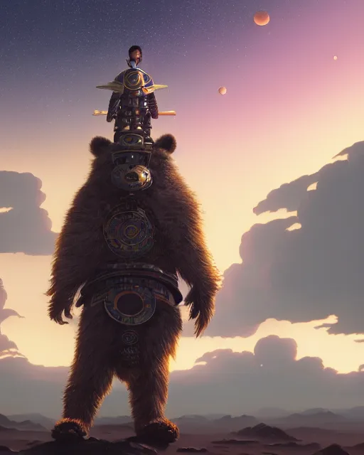 Image similar to highly detailed surreal vfx portrait of a metallic chromatic samurai bear in front of planets filled sky, stephen bliss, unreal engine, greg rutkowski, loish, rhads, beeple, makoto shinkai and lois van baarle, ilya kuvshinov, rossdraws, tom bagshaw, alphonse mucha, global illumination, detailed and intricate environment