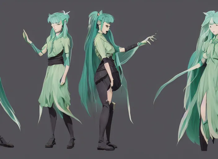 Image similar to character sheet for a beautiful and cute girl for genshin impact by greg rutkowski, black to light green fade hair, genshin impact style, sorcerer magic witch, by studio ghibli, digital art, trending on artstation, hd, 8 k, highly detailed, good lighting, beautiful, masterpiece