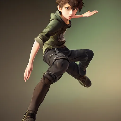 Prompt: a brown haired green eyes boy in a dynamic pose. character design. gesture drawing. line of action. official art, unreal engine 5, unreal engine. tetsuya nomura. medium shot. ray tracing hdr. 8 k. uhd. sharp focus. highly detailed. masterpiece. anime render. cinematic lighting. lifelike. symmetrical face. beautiful face