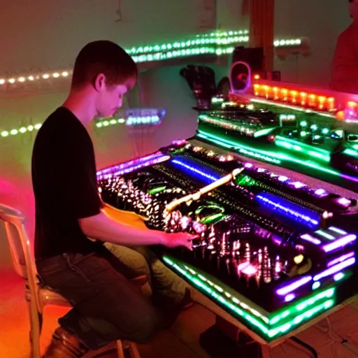 Image similar to incredible modular synthesizer, so many leds, handsome young man playing the synthesizer, trending on artstation