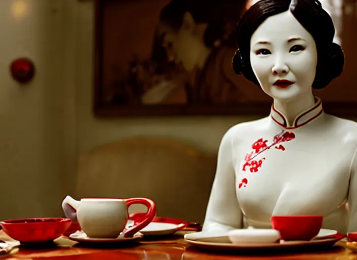 Prompt: movie still of a beautiful woman made out of porcelain sitting at a table in a cafe, wearing a red cheongsam, smooth white skin, creepy, directed by Guillermo Del Toro