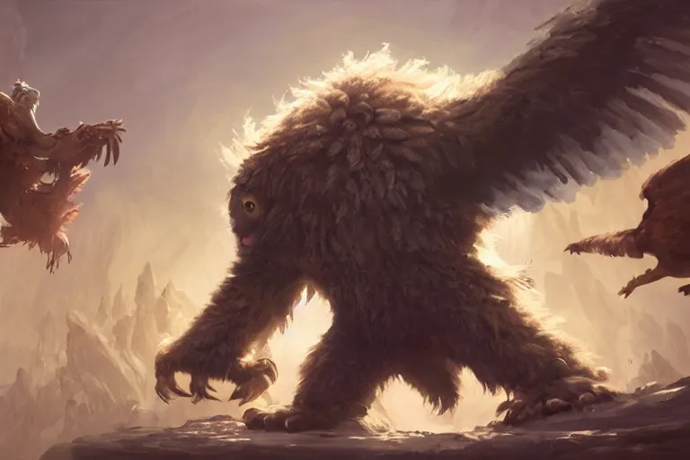 Image similar to An awesome painting of an intimidating large owlbear encounter, video game concept art by Wizards of the Coast, Magic The Gathering, Blizzard, Games Workshop, Greg Rutkowski, Craig Mullins, WETA, Elder Scrolls.