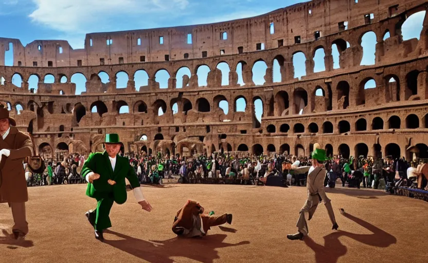 Prompt: inspector gadget fighting a leprechaun at the colosseum, with thousands of spectators