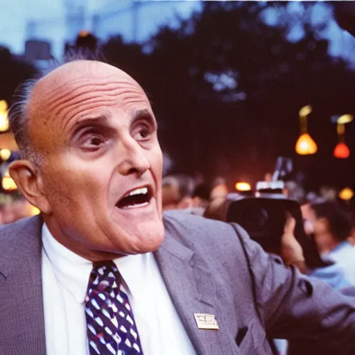 Image similar to Rudy Giuliani trying to ask someone for directions. Confused, sweaty, delirious and unhinged. CineStill.