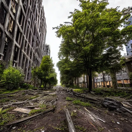 Image similar to nature reclaiming Seattle, lots of trees, dilapidated buildings, afternoon, ultra detailed, cinematic, no blur, 4k