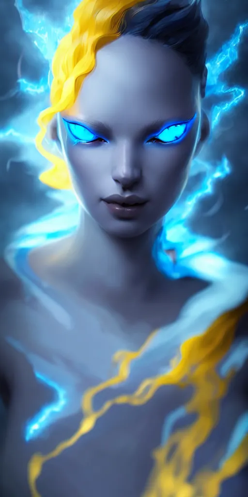 Prompt: wispy smoky polite blue air elemental djinn with yellow eyes and lightning; detailed, best on artstation, cgsociety, wlop, cosmic, epic, stunning, gorgeous, masterpiece