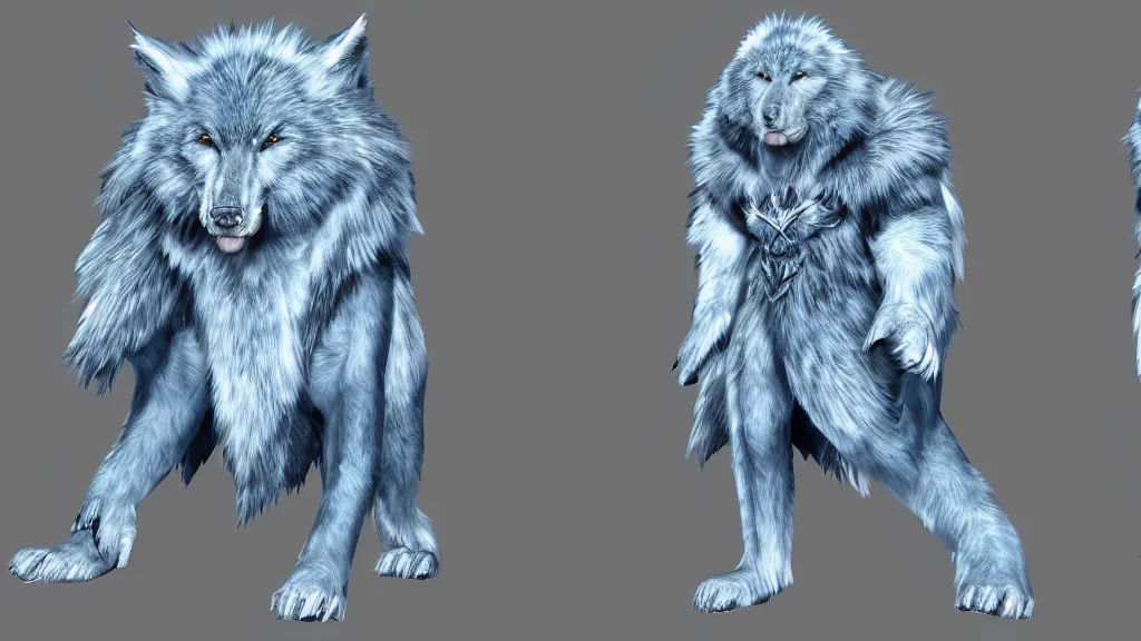 Image similar to a fantasy giant blue wolf with white tribal paint character design sheet, trending on artstation