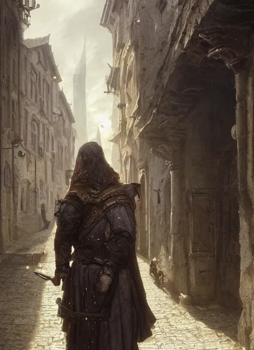 Image similar to portrait of a sheep standing in a medieval street, highly detailed, fantasy, godrays, cinematic lighting, close up, volumetric, realistic, digital art by greg rutkowski