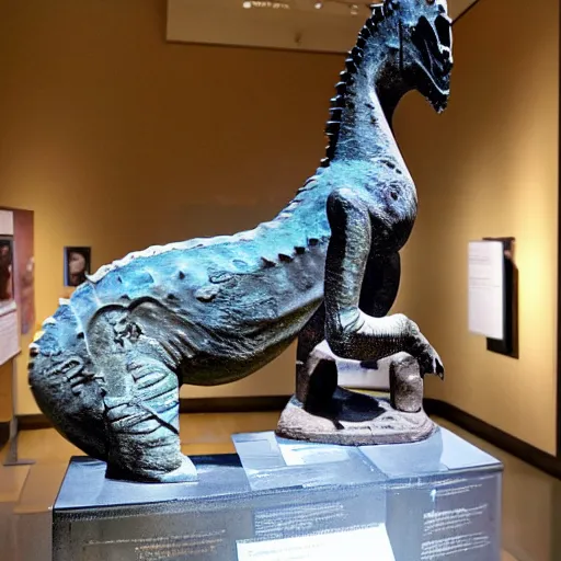 Image similar to ancient Irish, iron age, photo of stone carved statue of a dinosaur, in museum room