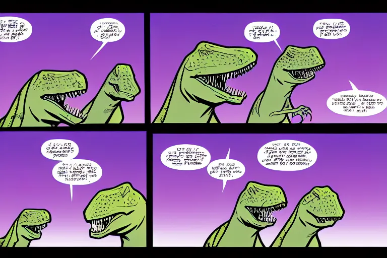 Prompt: a comic page with two dinosaurs speaking about asteroids