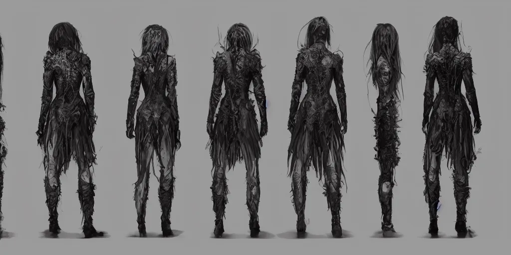 Prompt: gothic character back view and side view detail designs, Milo Manara, Greg Rutkowski, character sheet, Darek Zabrocki, Karlkka, Jayison Devadas, Phuoc Quan, trending on Artstation, 8K, ultra wide angle, pincushion lens effect