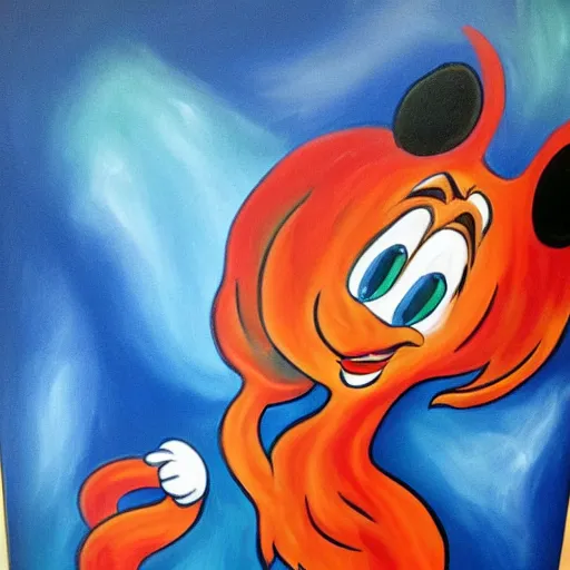 Prompt: silly fire cartoon character in the style of Disney Fantasia, painted in fluid acrylics