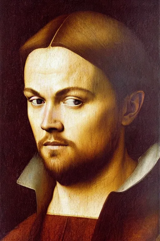 Prompt: 1 4 0 0 s renaissance portrait of leonardo dicaprio oil painting by jan van eyck, northern renaissance art, oil on canvas, wet - on - wet technique, realistic, expressive emotions, intricate textures, illusionistic detail