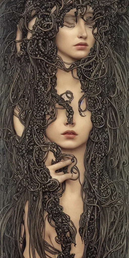 Image similar to a beautiful hyperrealistic portrait pose of a stunning Medusa model in a black glossy scaled dress, intricate, elegant, highly detailed, smooth, sharp focus, award-winning, masterpiece, in the style of Moebius, Brian Froud, John Bauer, Alphonse Mucha