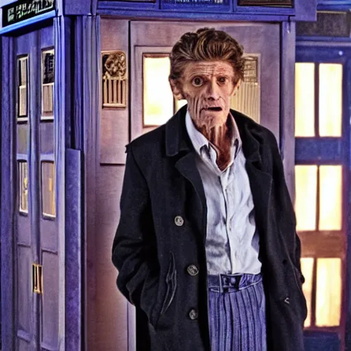 Image similar to willem dafoe as a rough dirty old man with a scruffy beard in a dark blue trenchcoat as the new doctor who, cinematic, volumetric lighting, f 8 aperture, cinematic eastman 5 3 8 4 film, photorealistic