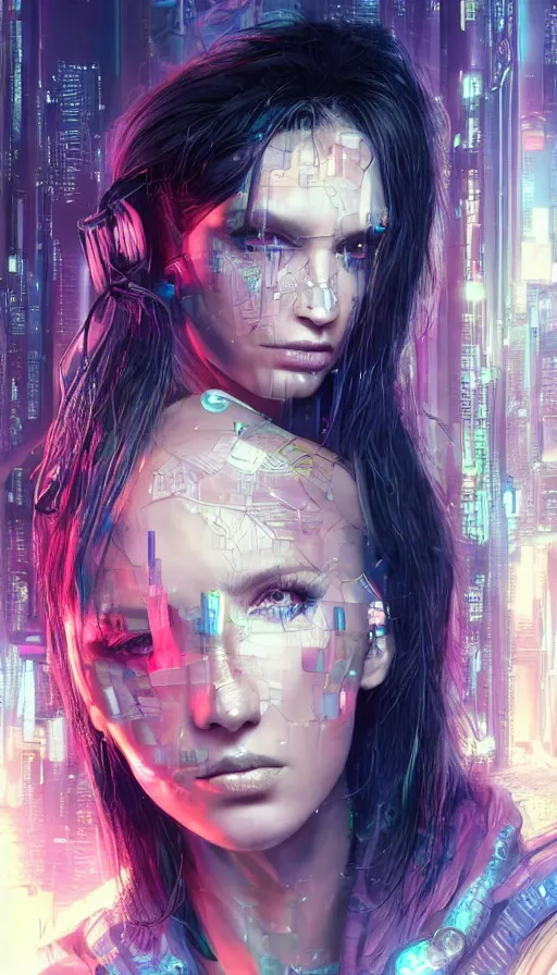 Image similar to cyberpunk, perfectly-centered-Portrait of the most beautiful women on the planet, 80s makeup, professional model, high fashion, sweaty, motherboard, insane, intricate, highly detailed, digital painting, artstation, concept art, smooth, sharp focus, illustration, Unreal Engine 5, 8K, art by artgerm and greg rutkowski and alphonse mucha