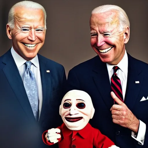 Image similar to UHD candid color photo of (Nazi Klaus Schwab) holding a (ventriloquist dummy of Joe Biden), accurate faces, UHD, photorealistic, correct face, photo by Annie Leibowitz