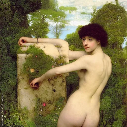 Prompt: a renaissance oil painting by alma tadema of a minion turned back on a stone balcony covered in moss with over shoulder view on a magical jungle, colourful pastel, detailed academic bouguereau, sharp focus, long shot