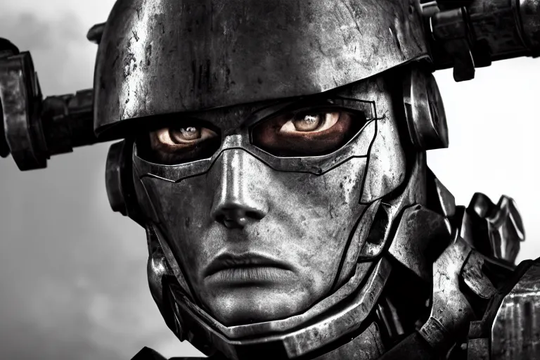 Image similar to still photo of a iron tech age war man looking at the camera in a battlefield, black and white color aesthetic, highly detailed, photorealistic portrait, bright studio setting, studio lighting, crisp quality and light reflections, unreal engine 5 quality render