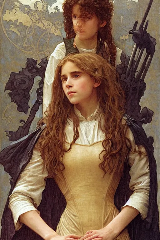 Prompt: hermione granger wearing medieval armour, bouguereau and mucha