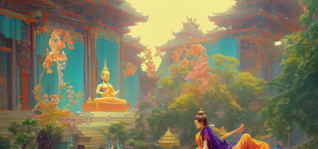 Prompt: a buddhist temple, vaporwave aesthetic, colorful, psychedelic, digital painting, artstation, concept art, smooth, sharp focus, illustration, art by artgerm and greg rutkowski and alphonse mucha