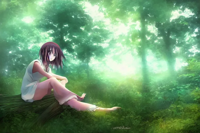 Image similar to a beautiful anime girl sitting in the forest, clouds, green lighting, misty, foggy, early morning, digital art,