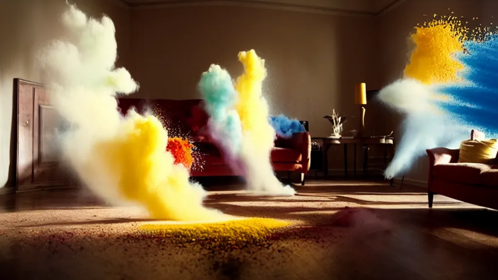 Image similar to colored powder explosion in the living room, film still from the movie directed by Denis Villeneuve with art direction by Salvador Dalí, wide lens