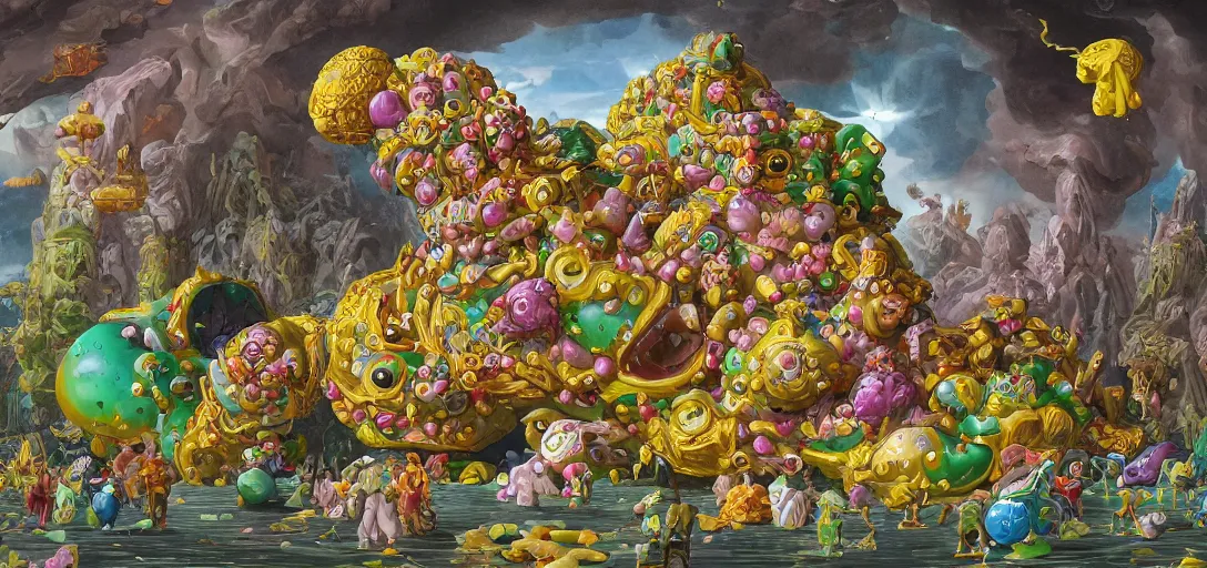 Image similar to the absolute worst, most grotesque and awful monster made of gelatinous fleshy blobs, in the style of okuda san miguel and katamari damacy. The monster is in an ornately gilded rococo art museum gallery designed by frank lloyd wright and donatello