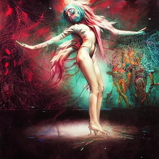 Image similar to rave girl dancing art by wagner kuroiwa tristan eaton, stanley artgermm, tom bagshaw, greg rutkowski, carne griffiths, ayami kojima, beksinski, giger, trending on deviantart, photorealistic, vray, hdr, hyper detailed, dramatic lighting, octane render, weta digital, 3 d sculpture