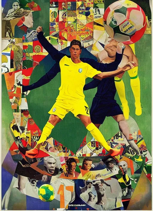 Prompt: og ronaldo nazario r 9 2 0 0 2 world cup brazil goal, dada collage poster art by kurt schwitters hannah hoch alphonse mucha james jean liam brazier victo ngai tristan eaton, yellow and green