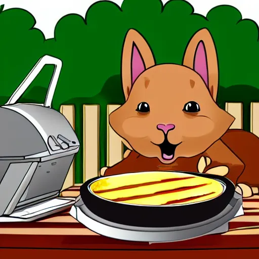 Image similar to cartoon of a pet rabbit sweating scared by the bbq grill