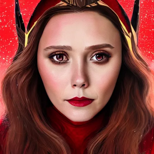 Image similar to A portrait of elizabeth Olsen as scarlet witch with the scarlet witch crown, cinematic, digital art, amazing detail