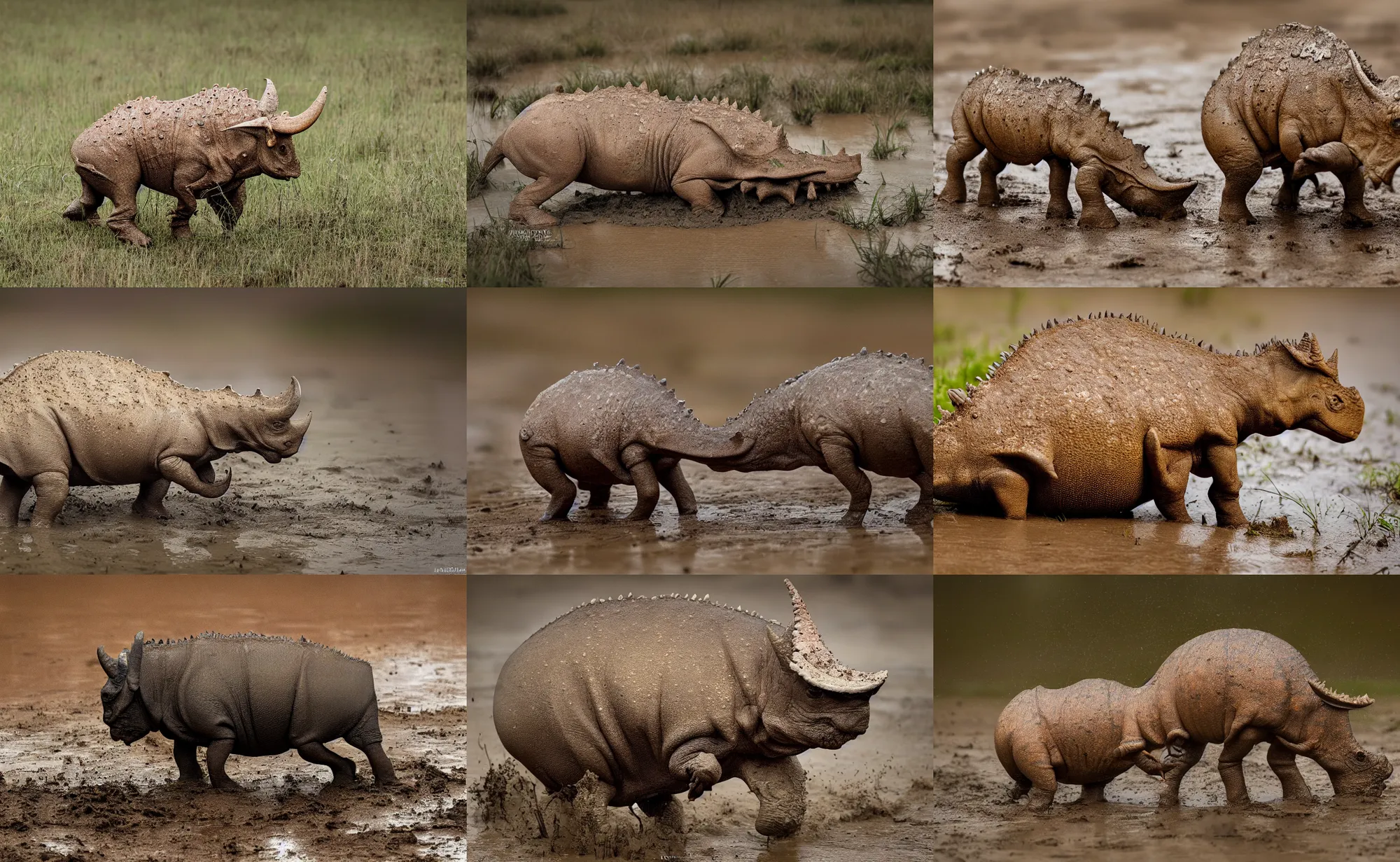 Prompt: nature photography of a wet baby triceratops, african savannah, rainfall and mud, digital photograph, award winning, 5 0 mm, telephoto lens, national geographic