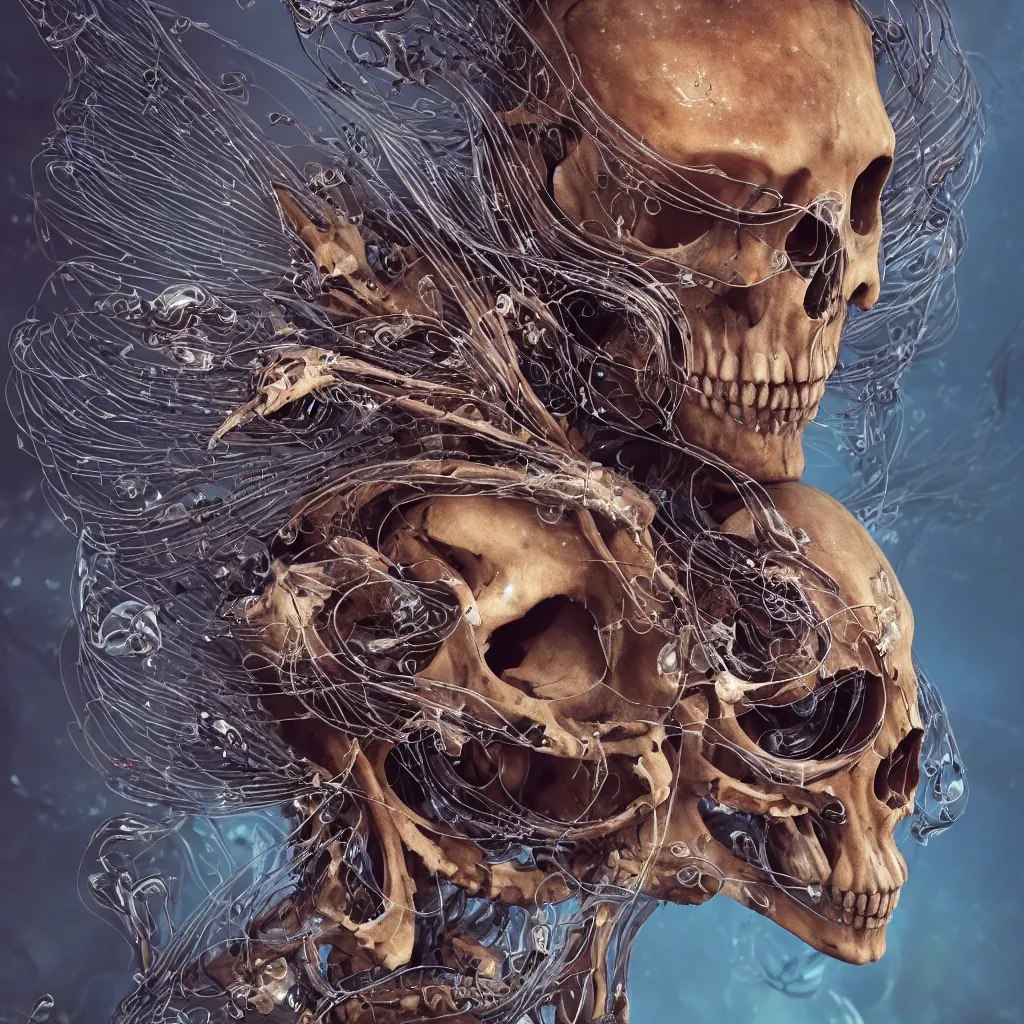 Image similar to close-up macro portrait of the face of a beautiful princess with animal skull mask, epic angle and pose ribcage skeleton, symmetrical artwork, 3d with depth of field, blurred background, cybernetic jellyfish female face skull phoenix bird, translucent, nautilus, energy flows of water and fire. a highly detailed epic cinematic concept art CG render. made in Maya, Blender and Photoshop, octane render, excellent composition, cinematic dystopian brutalist atmosphere, dynamic dramatic cinematic lighting, aesthetic, very inspirational, arthouse. y Greg Rutkowski, Ilya Kuvshinov, WLOP, Stanley Artgerm Lau, Ruan Jia and Fenghua Zhong