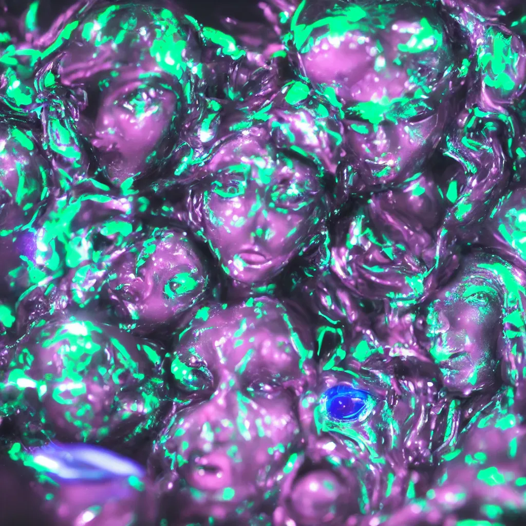 Prompt: plasticine wet shiny robots, crystal, moonlit, mirrors, camera angled dramatically, realistic, neon lasers, anime eyes and lips, close up, diorama
