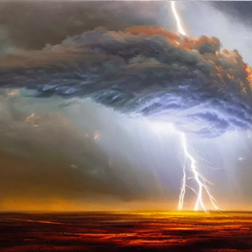 Image similar to a tornado shaped cloud, oil painting, award winning, dramatic lightning, UHD, 4k