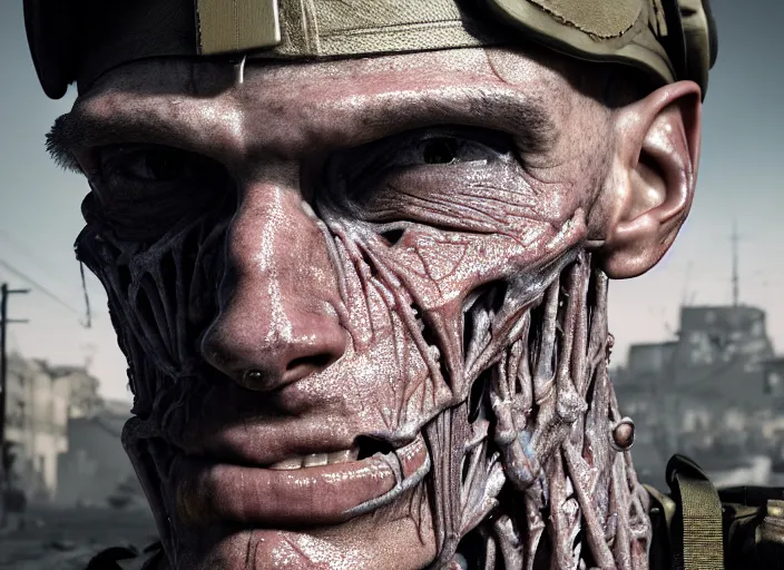 Image similar to mid shot portrait of wwii soldier with transparent skin, visible muscle and bones and veins and nerves, david cronenberg, hyperrealism, detailed textures, photorealistic 3 d cyberpunk apocalyptic city, futuristic clothing and helmet, ultra realistic, cinematic, intricate, cinematic light, unreal engine 8 k, octane render, unreal engine by david kostic and stanley lau and artgerm