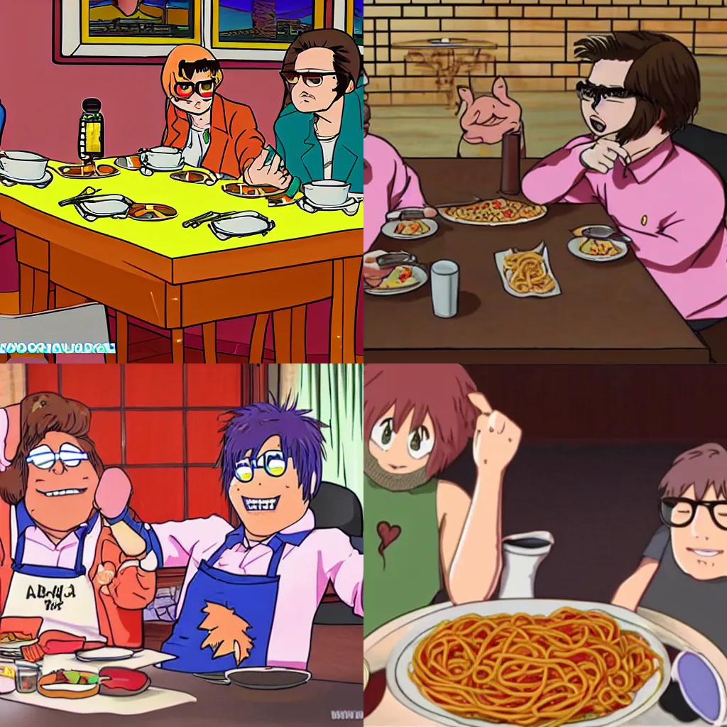 Prompt: Tim and Eric have a fumeral at the Spaghetti House, anime style