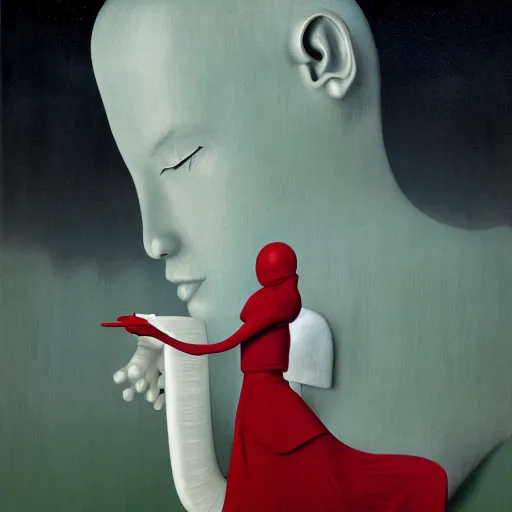 Image similar to a naive woman talks to a phantasmagoric robot, red room from twin peaks, oil on canvas anime poster by Stina Persson and Aron Wiesenfeld