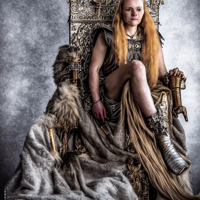 Image similar to photo of a very beautiful!! nordic queen warrior sitting on her throne highly detailed 8 k hdr smooth sharp focus high resolution award - winning photo