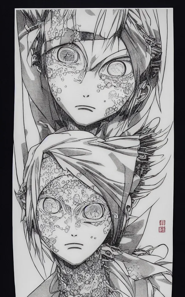 Image similar to prompt: Fragile looking face drawn by Takato Yamamoto, ceramic looking face, cyber parts, inspired by Naruto and Bandai Namco, clean ink detailed line drawing, intricate detail drawing, manga 1990