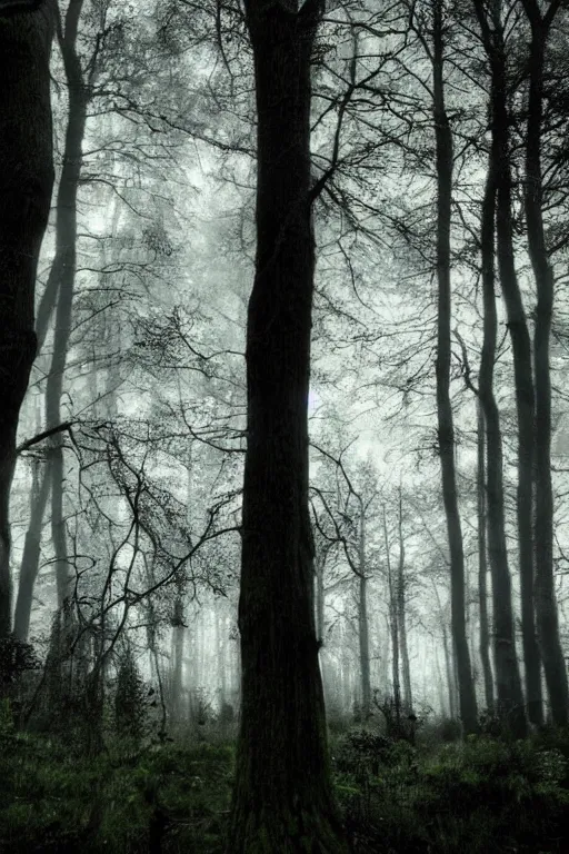 Image similar to dark ominous forest, with trees with a human face,,