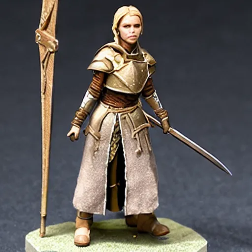 Prompt: a plastic miniature for an RPG game: Alicia Vikander as a knight. unpainted. a photograph