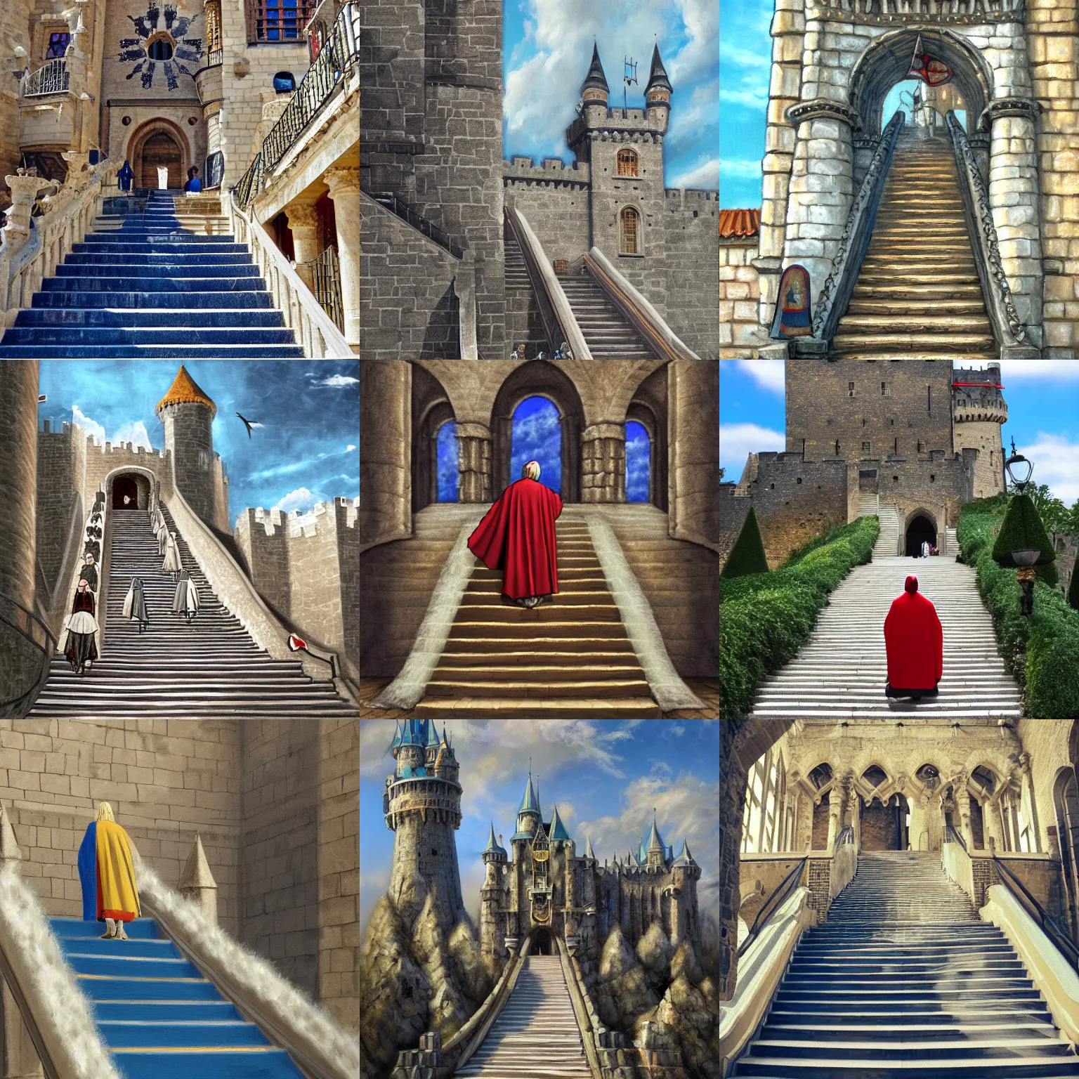 Prompt: Wide high angle view of a medieval king in regal robes coming down a small, low-budget rubber escalator (moving staircase) to the castle courtyard, late morning, blue sky, fluffy white clouds, anachronistic fantasy, digital art oil painting, trending on artstation, 4k