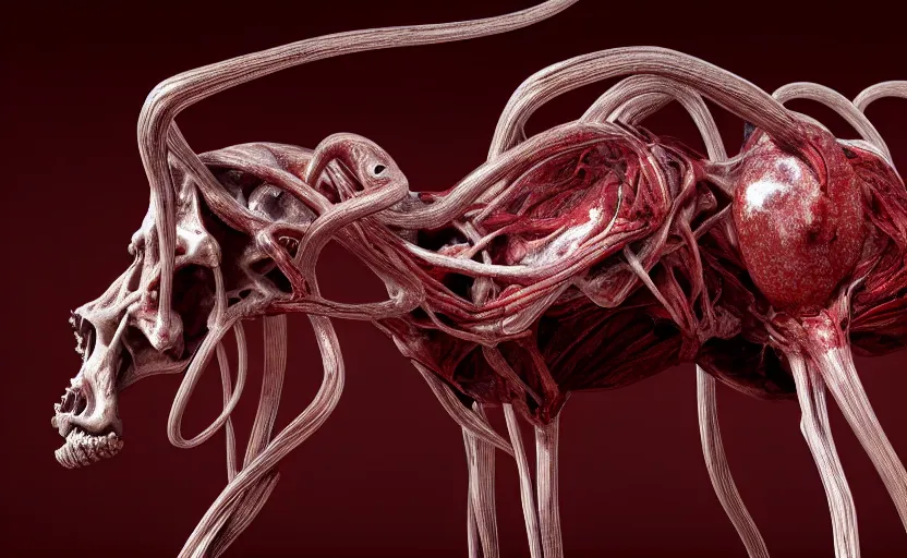 Image similar to anatomical deep red arteries veins flesh stylized shiny polished silver statue full body bizarre extra limbs cosmic horror quadruped animal cow bovine skull four legs made of creature tendrils perfect symmetrical body perfect symmetrical face hyper realistic hyper detailed by johannen voss by michelangelo octane render blender 8 k displayed in pure white studio room