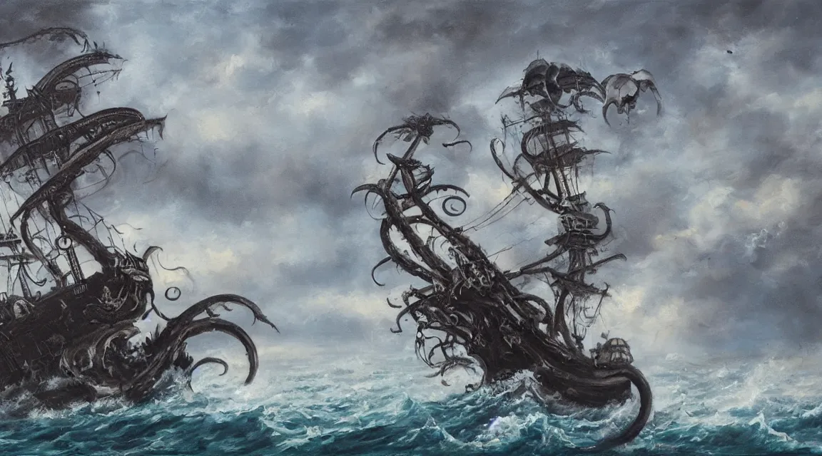 Image similar to oil painting of a kraken attacking a pirate ship