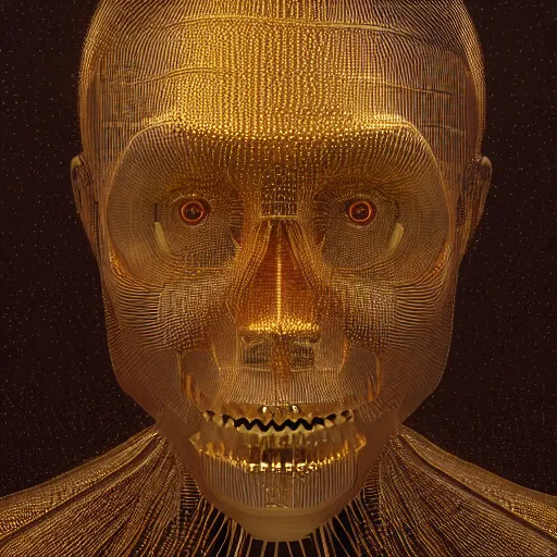 Image similar to a computer generated image of a human made out of gold, skeleton, a computer rendering by mike winkelmann, featured on zbrush central, neo - figurative, octane render, rendered in cinema 4 d, zbrush