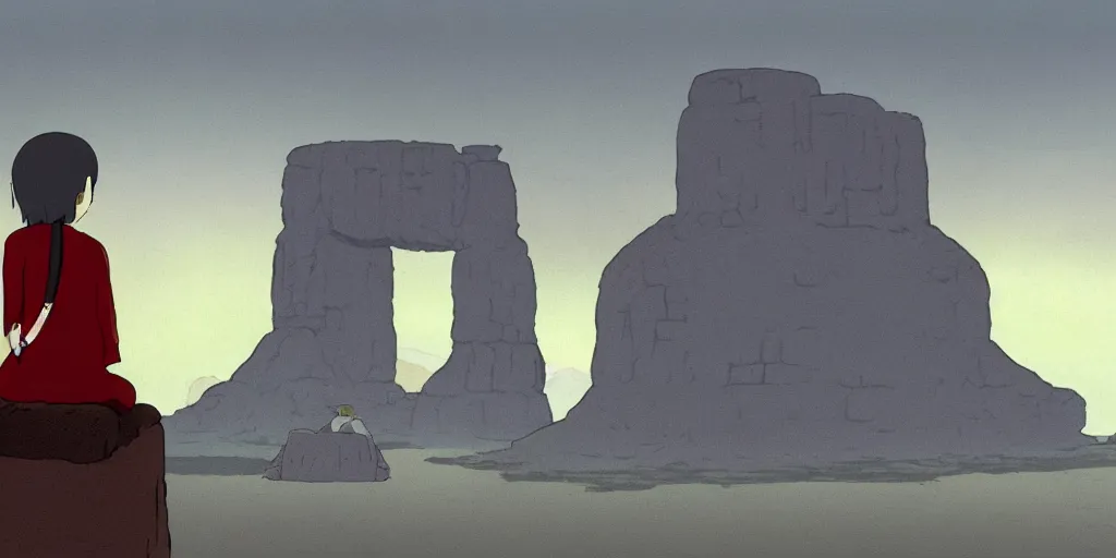 Prompt: a realistic cell - shaded studio ghibli concept art from paprika ( 2 0 0 6 ) of a monk meditating and a small mammoth from close encounters of the third kind ( 1 9 7 7 ) in a flooded monument valley stonehenge. very dull colors, wide shot, hd, 4 k, hq